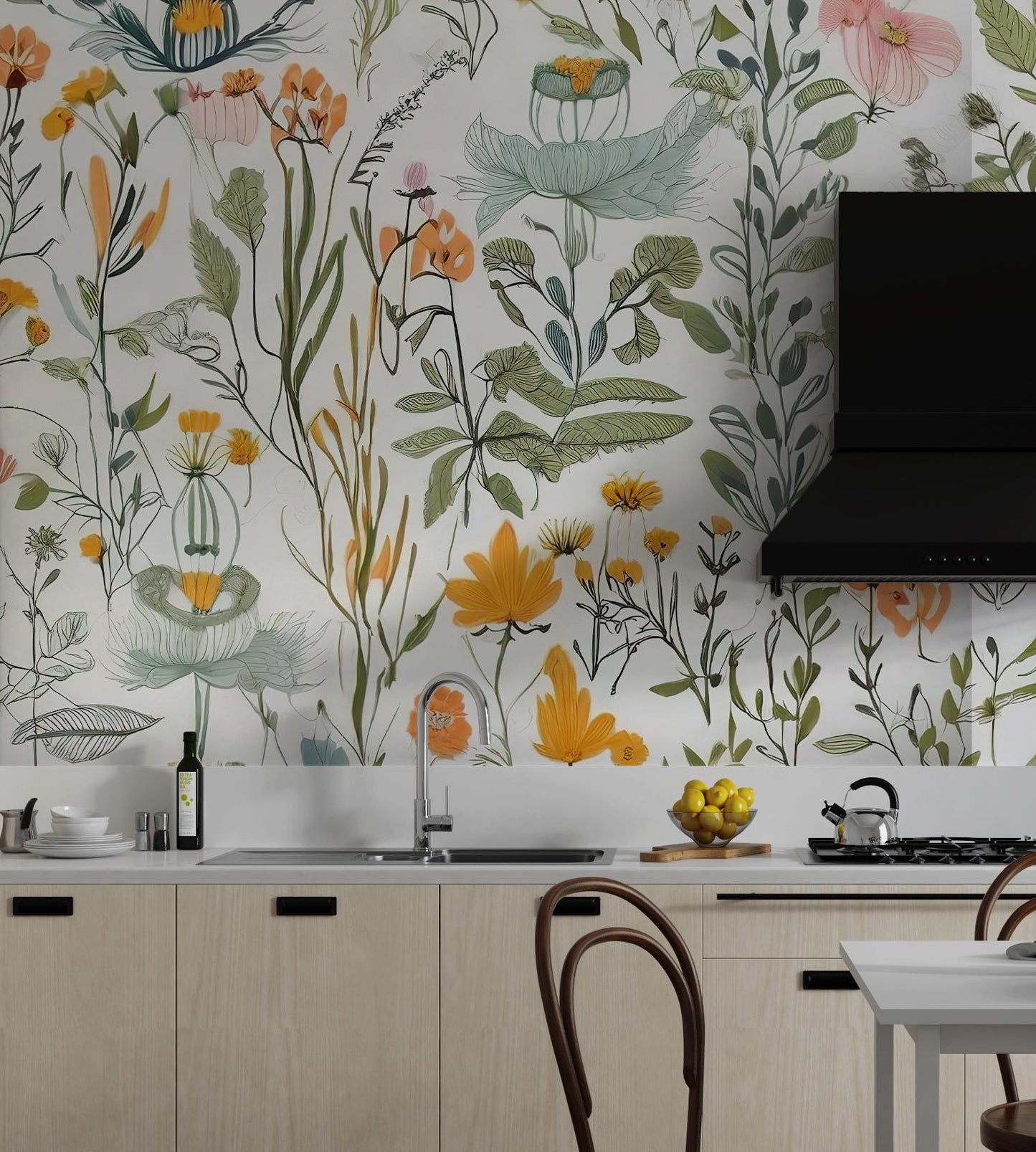 Wild Flowers and Leaves Wallpaper, Floral Wallpaper, Colourful Romantic Mural, Peel and Stick Wallpaper, Spring Themed Drawing Wallpaper