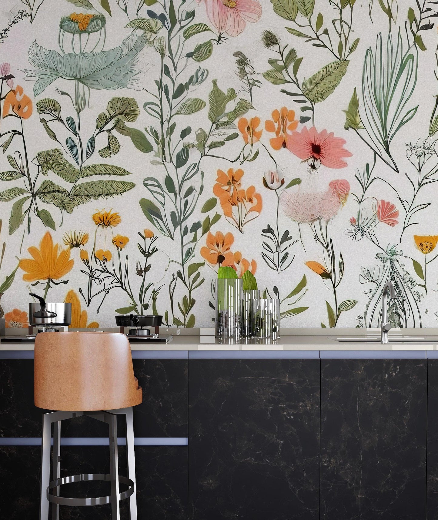 Wild Flowers and Leaves Wallpaper, Floral Wallpaper, Colourful Romantic Mural, Peel and Stick Wallpaper, Spring Themed Drawing Wallpaper