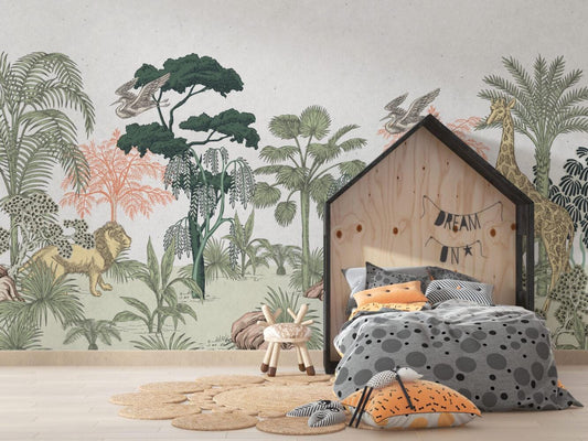 Linear Forest And Animals 3D Wallpaper For Kidsroom, Illustration Childrens Wallpaper, Wall Mural Nursery, Wide Wallpaper, Jungle Wallpaper