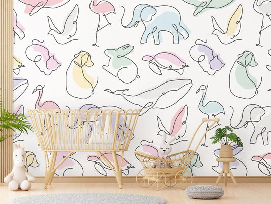 Linear Animal Figures Kids Wallpaper, illustration Wallpaper Nursery, Peel and Stick Wallpaper, Watercolor Wallpaper, Fun Wallpaper for Kids
