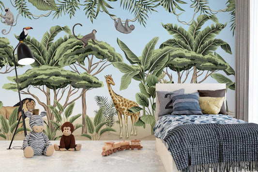 3D Wallpaper Tropical Animals for Kids Room, Children and Baby Wallpaper, Lion Elephant Giraffe Wallpaper Nursery, Wild Jungle Wallpaper
