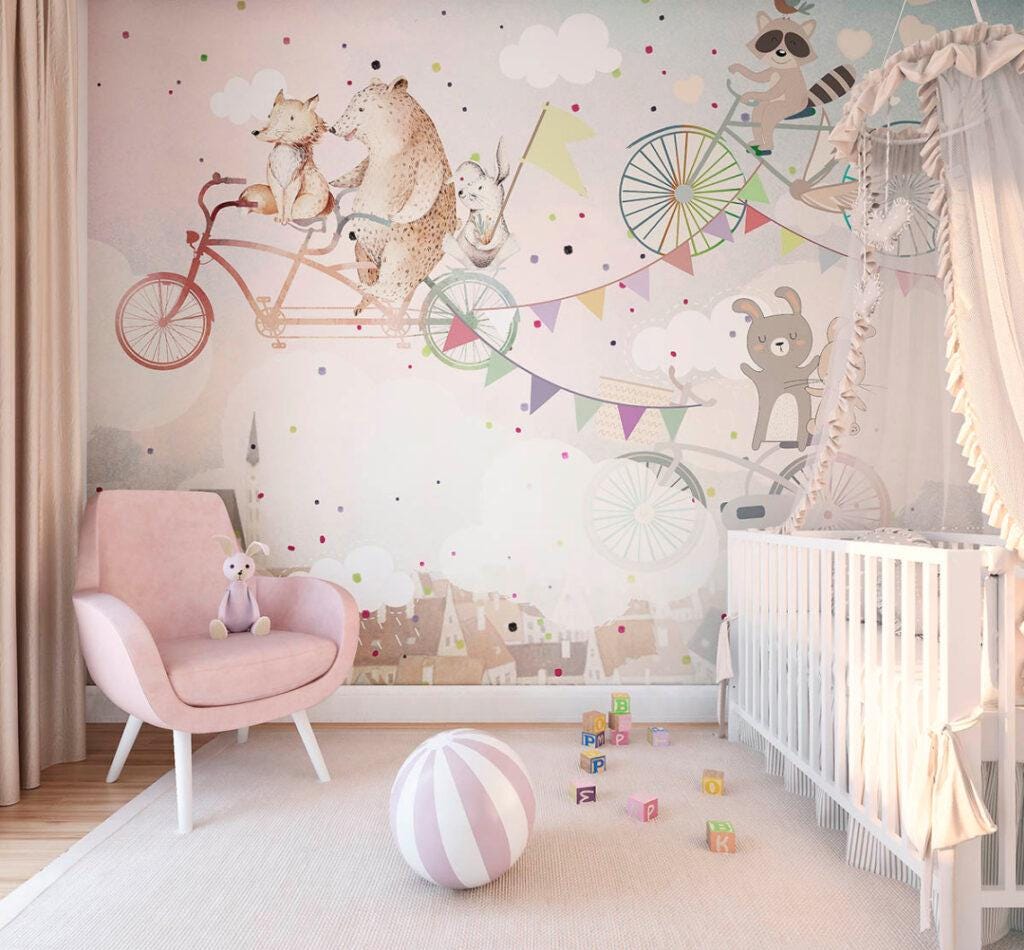 Animals on Bike 3D Wallpaper, Cute Animals Wallpaper Nursery, Childrens Wallpaper , Peel and Stick Wallpaper, Pink Baby Girl Wallpaper
