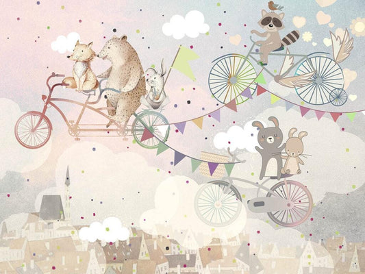 Animals on Bike 3D Wallpaper, Cute Animals Wallpaper Nursery, Childrens Wallpaper , Peel and Stick Wallpaper, Pink Baby Girl Wallpaper