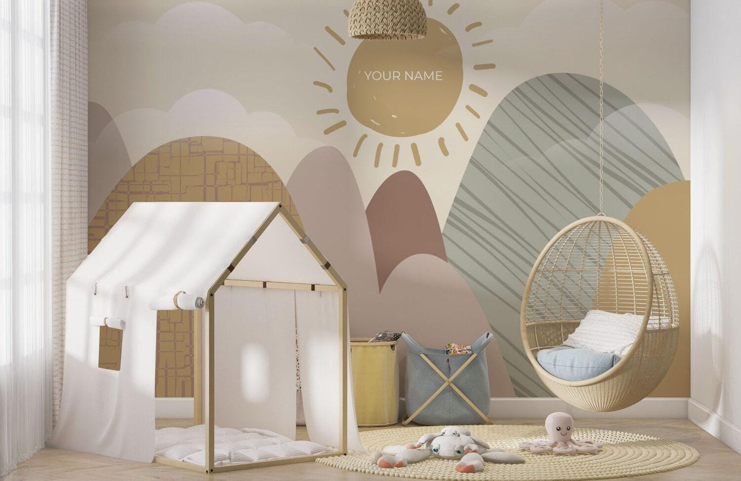 Mountain and Sun Personalized Kids Wallpaper, Illustration Wallpaper Nursery, Art Child Wallpaper, Colorful Peel and Stick Baby Wallpaper