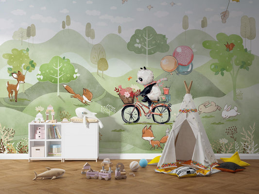 Panda on a Bike and Her Cute Friends Wallpaper, Animals Wallpaper Nursery, Childrens Wallpaper , Peel and Stick Wallpaper, Baby Wallpaper