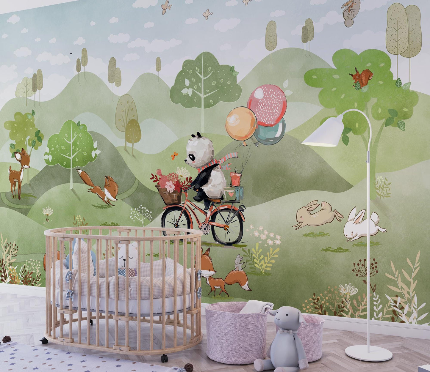 Panda on a Bike and Her Cute Friends Wallpaper, Animals Wallpaper Nursery, Childrens Wallpaper , Peel and Stick Wallpaper, Baby Wallpaper