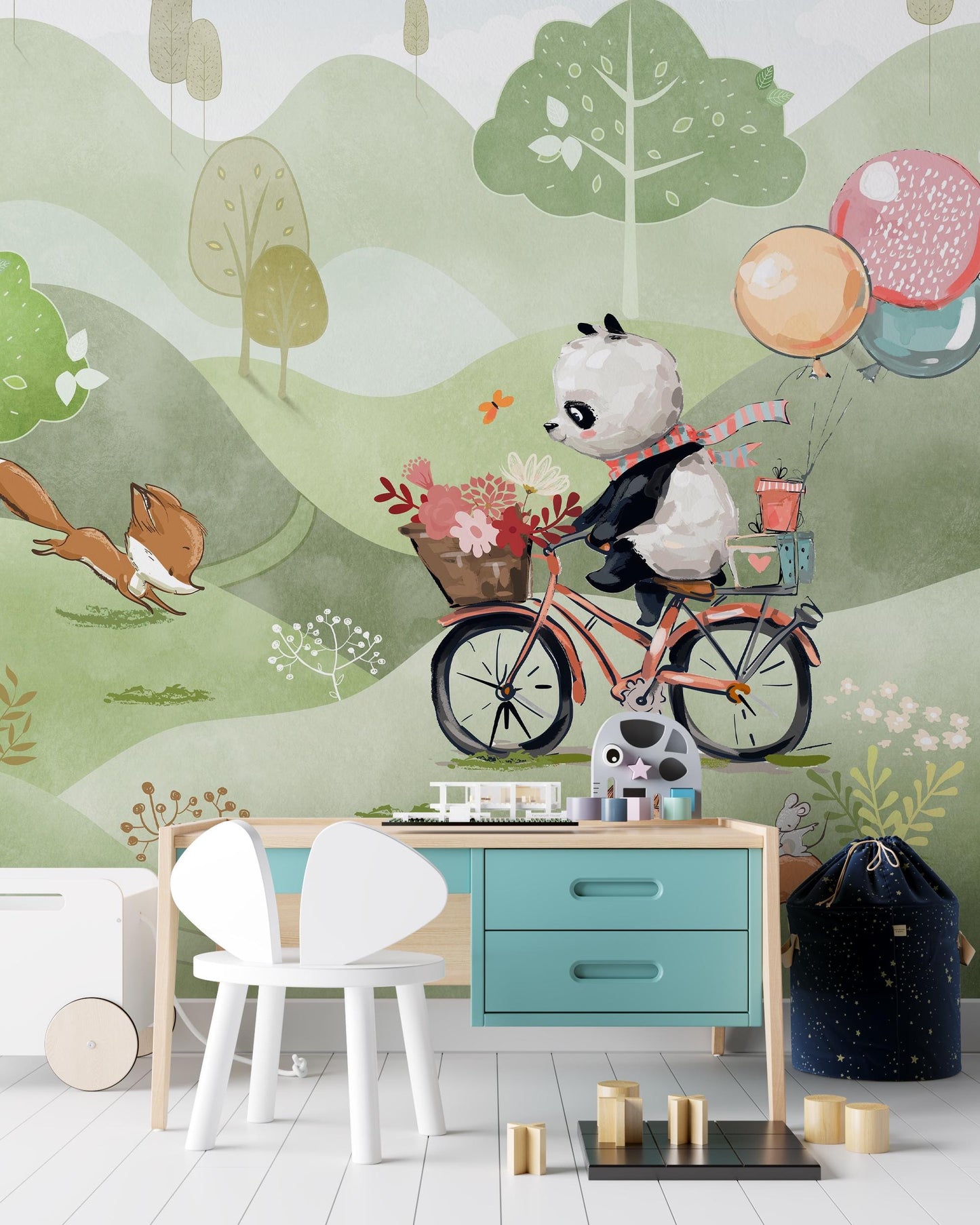 Panda on a Bike and Her Cute Friends Wallpaper, Animals Wallpaper Nursery, Childrens Wallpaper , Peel and Stick Wallpaper, Baby Wallpaper