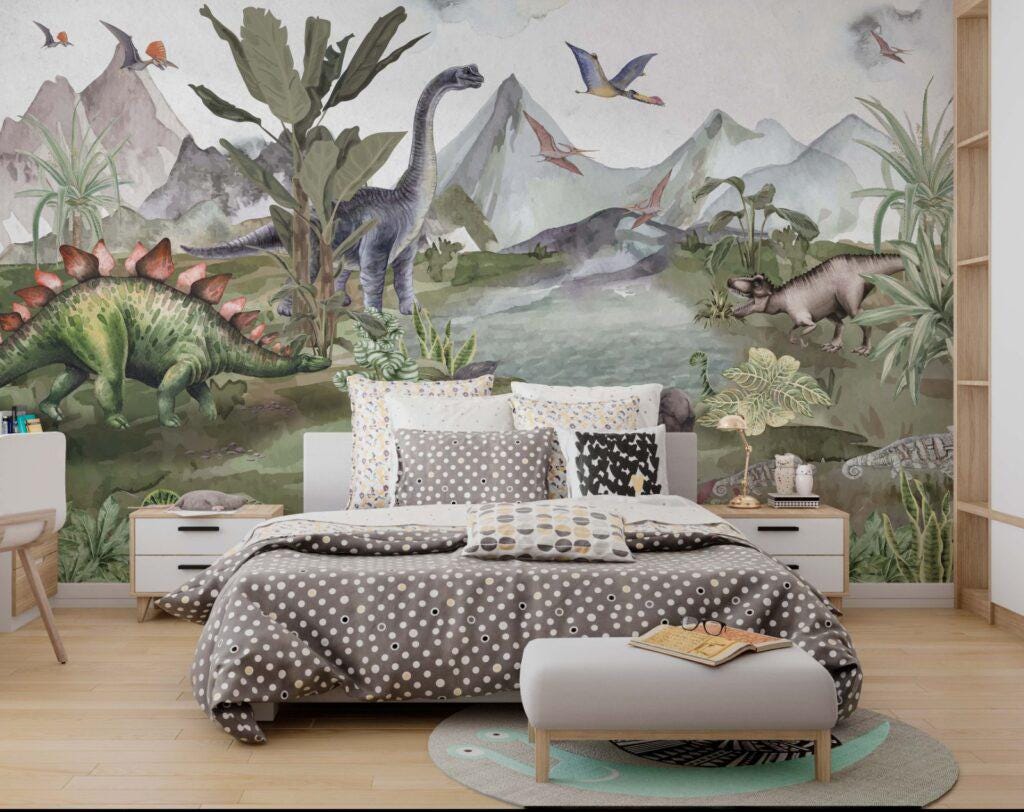 Dinosaurs By The Lake Wallpaper, Wild Animals Wallpaper Nursery, Jungle Childrens Wallpaper, Peel and Stick Wallpaper, Baby Wallpaper