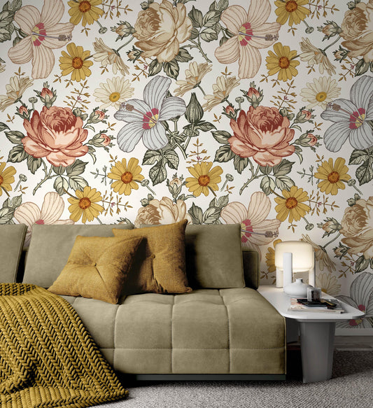 Daisy Rose Hibiscus Flowers Wallpaper, Floral Wallpaper, Colourful Romantic Wall Mural, Peel and Stick Wallpaper, Spring Themed Wallpaper
