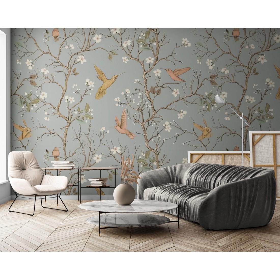 Hummingbirds Flowers Retro Style Floral Backdrop Wallpaper, Peel and Stick Wallpaper, Stylish Room Design, Vintage Artistic Wallpaper