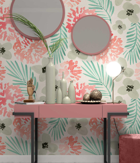 Watercolor Pink Green Gray Modern Flowers Wallpaper, Floral Wallpaper, Colourful Romantic Mural, Peel and Stick Wallpaper, Spring Wallpaper