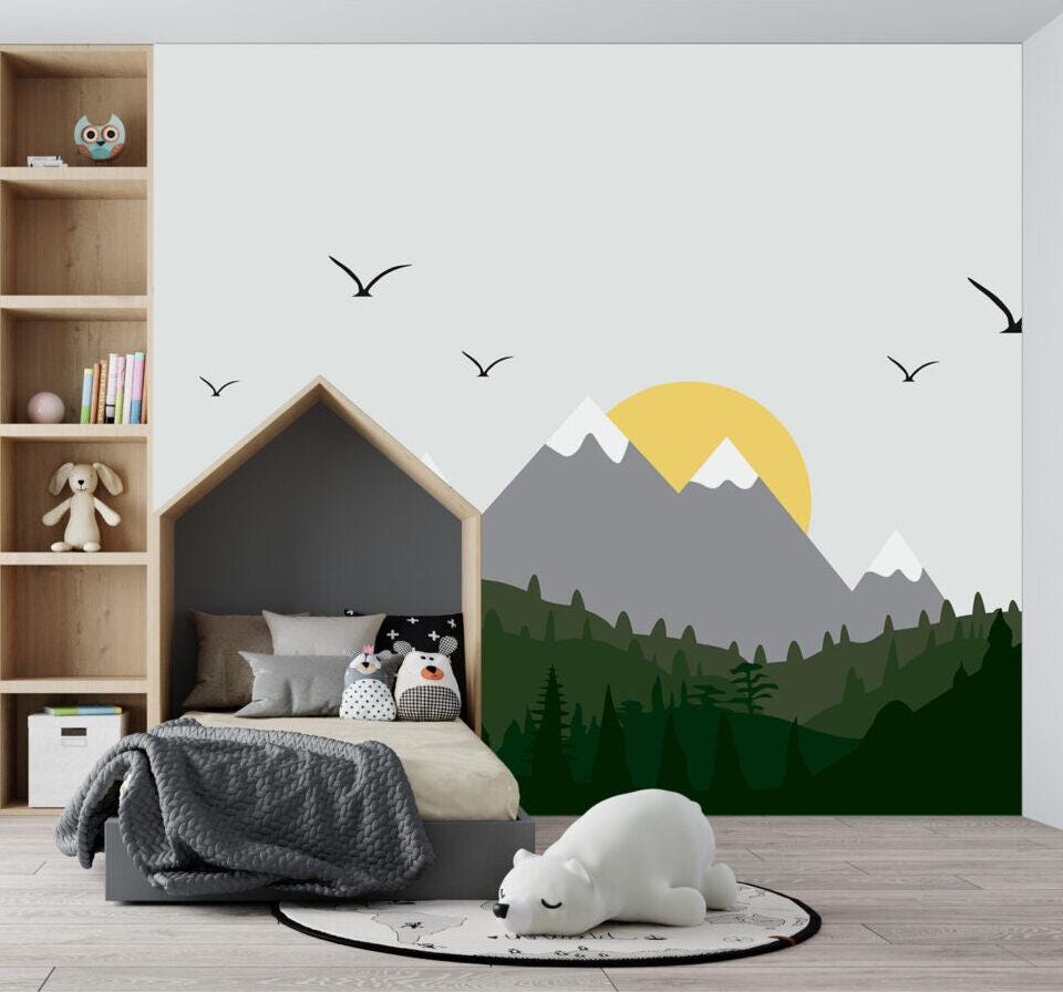 Sunrise Landscape Patterned 3D Wallpaper, Illustration Wallpaper Nursery, Art Child Wallpaper, Colorful Peel and Stick Baby Wallpaper