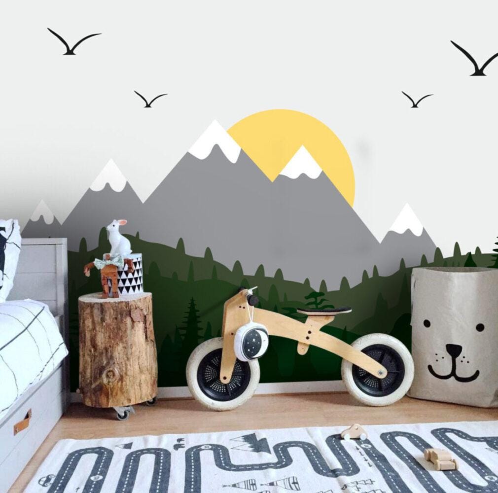 Sunrise Landscape Patterned 3D Wallpaper, Illustration Wallpaper Nursery, Art Child Wallpaper, Colorful Peel and Stick Baby Wallpaper