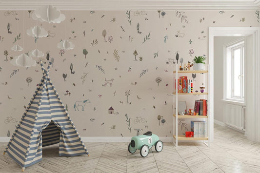 Animal And Tree Minimal Pattern Wallpaper, illustration Wallpaper Nursery, Peel and Stick Watercolor Wallpaper, Fun Wallpaper for Kids