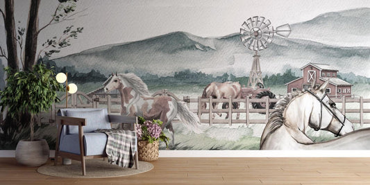 Horse Farm 3D Wallpaper For Kidsroom in Soft Tones, Animals Wallpaper Nursery, Peel and Stick Wallpaper, Childrens and Baby Wallpaper