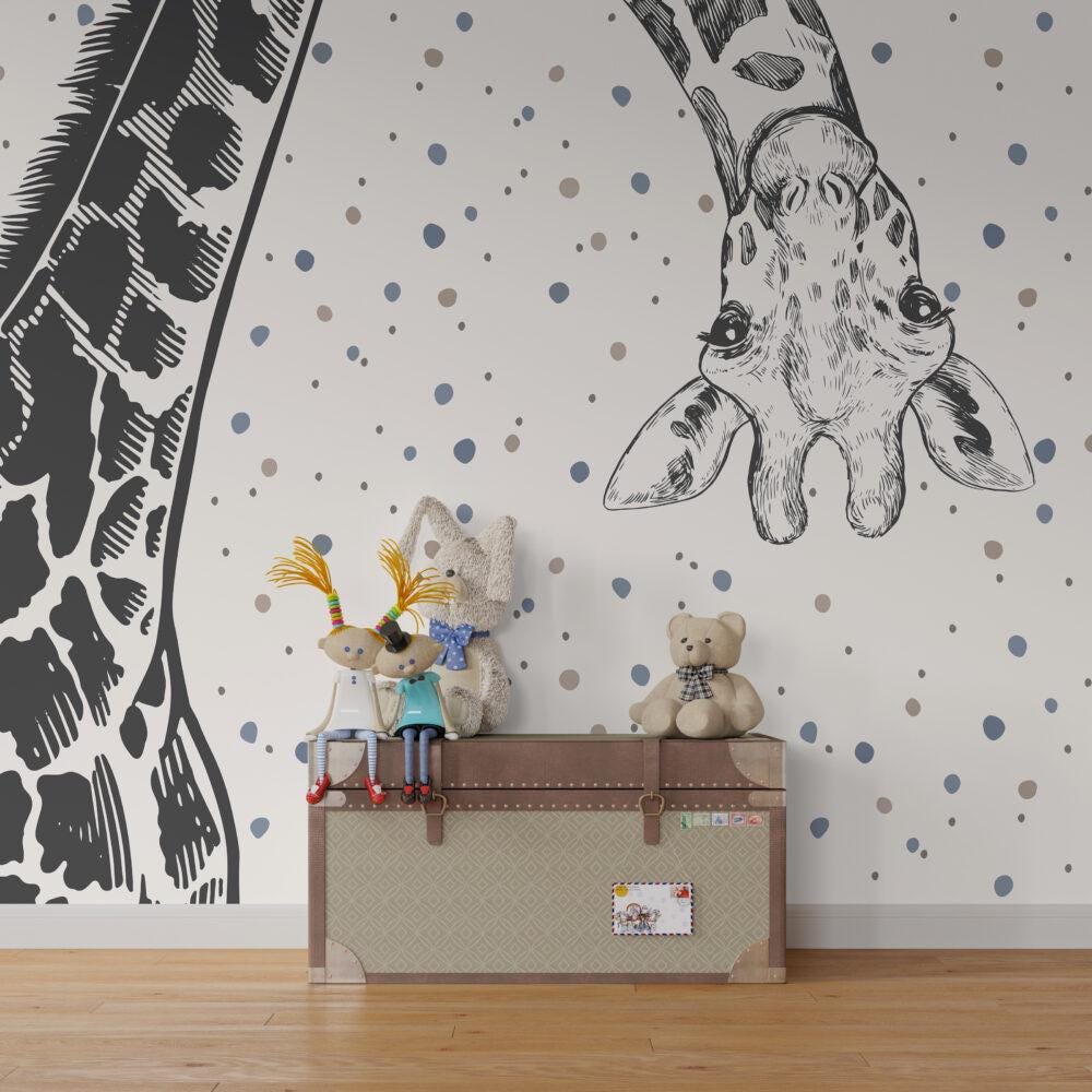 Giraffe Wallpaper in Black Color with Beige Background, Animals Wallpaper Nursery, Childrens Peel and Stick Wallpaper, Baby Wallpaper