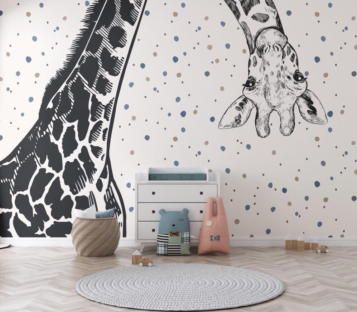 Giraffe Wallpaper in Black Color with Beige Background, Animals Wallpaper Nursery, Childrens Peel and Stick Wallpaper, Baby Wallpaper
