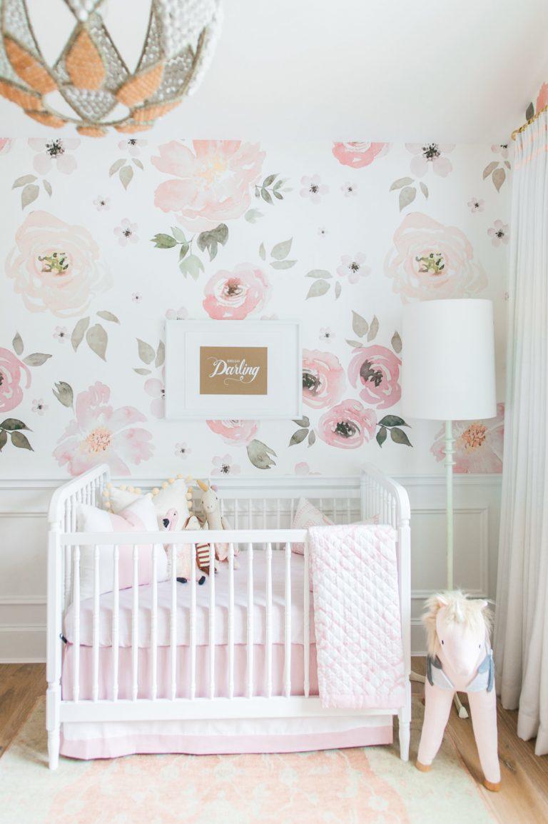 Watercolor Flowers Wallpaper on a White Background, Floral Wallpaper, Colourful Romantic Wall Mural, Pink Baby Girl Spring Themed Wallpaper