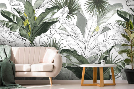 Large Green and White Color Leaf Work Wallpaper, Nature Illustration Wallpaper, Botany Mural, Peel and Stick Wallpaper, Stylish Room Design