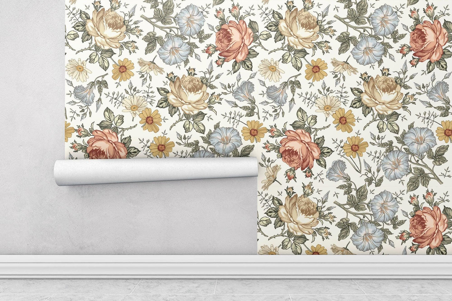 Daisy Rose Hibiscus Flowers Wallpaper, Floral Wallpaper, Colourful Romantic Wall Mural, Peel and Stick Wallpaper, Spring Themed Wallpaper