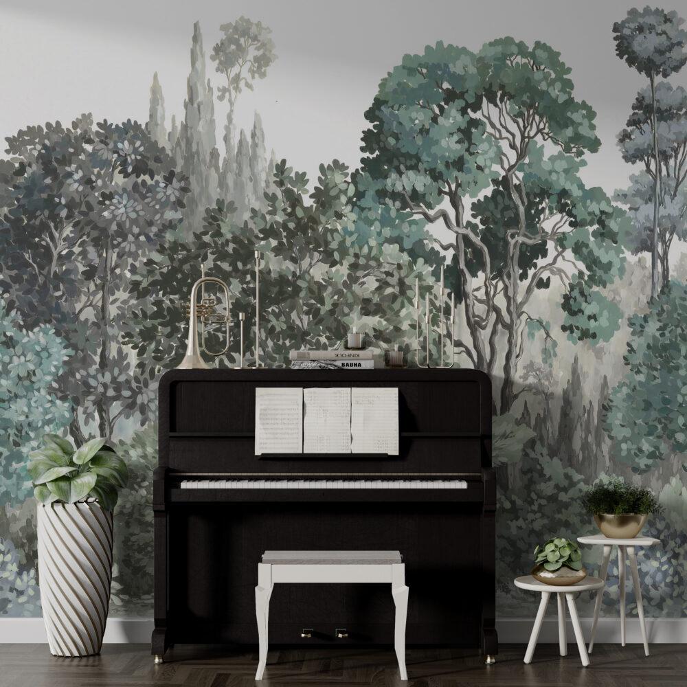 Forest Visual Wallpaper in Soft Green Tones, Trees Wallpaper, Nature Mural, Painting Wallpaper, Vintage Nature Wallpaper, Green Wallpaper
