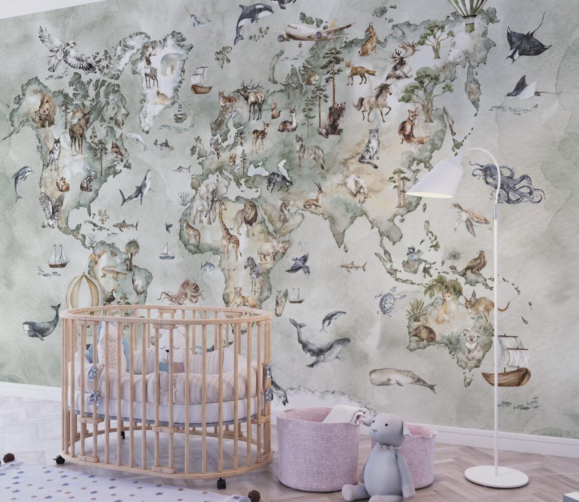 World Map 3D Wallpaper with Animals in Aqua Green Tones, Children Wallpaper , Peel and Stick Wallpaper Nursery and School, Baby Wallpaper