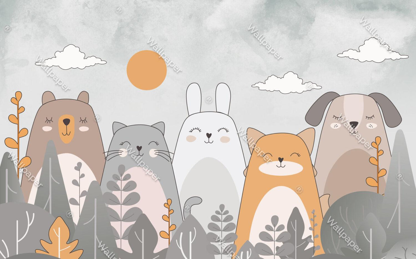Cute Animals Wallpaper in Linear Soft Tones, Bear Cat Rabbit Wallpaper Nursery, Children Wallpaper, Peel and Stick Wallpaper, Baby Wallpaper