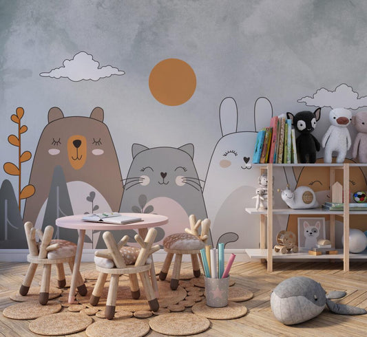 Cute Animals Wallpaper in Linear Soft Tones, Bear Cat Rabbit Wallpaper Nursery, Children Wallpaper, Peel and Stick Wallpaper, Baby Wallpaper