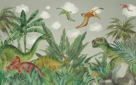 Dinosaurs And Tropical Forest Wallpaper, Wild Animals Wallpaper Nursery, Jungle Children Wallpaper, Peel and Stick Wallpaper, Baby Wallpaper