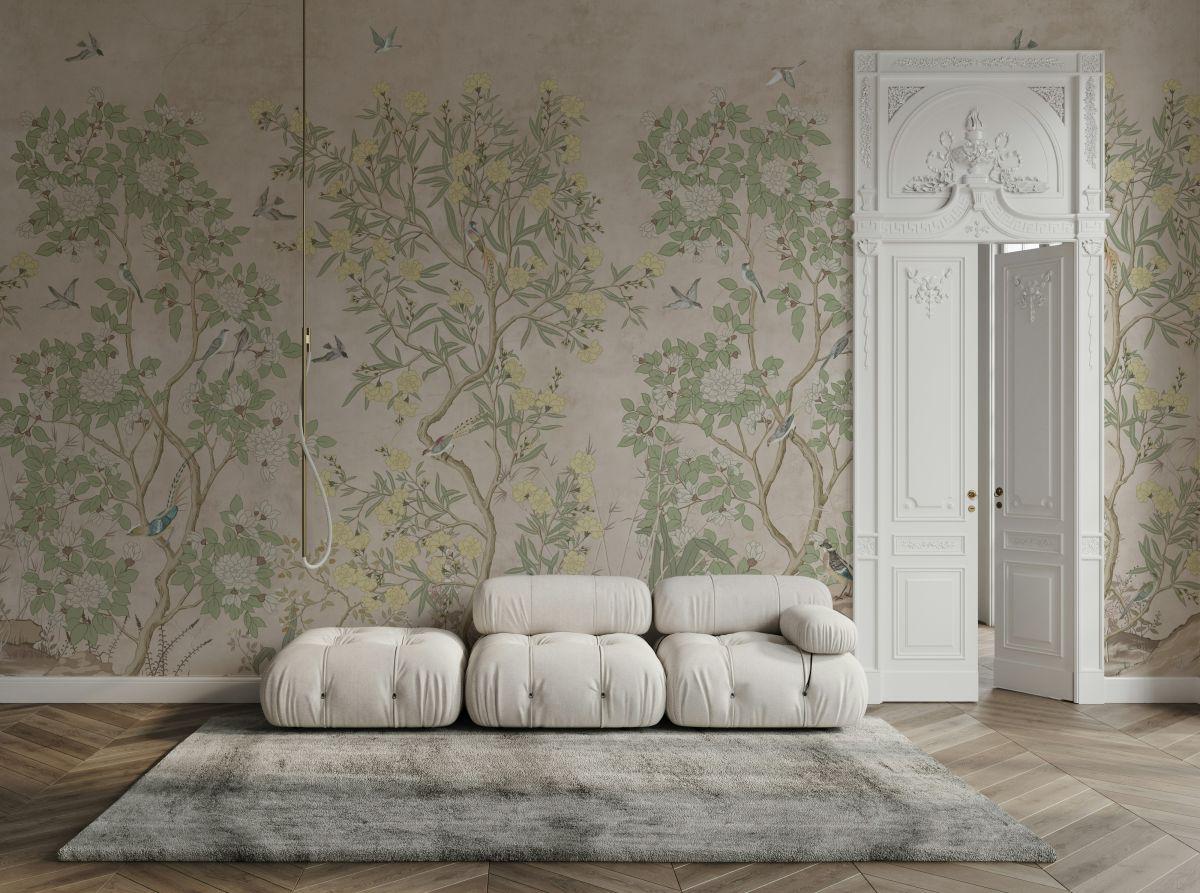 Elegant Botanical Garden Chinoiserie Wallpaper, Floral Wallpaper, Romantic Flowers Mural, Peel and Stick Wallpaper, Bloom Drawing Wallpaper