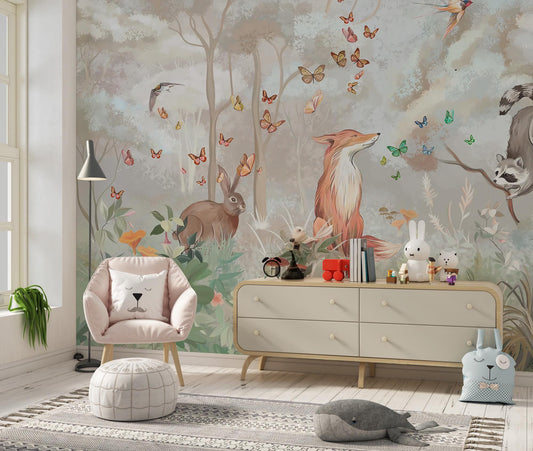 Red Fox and Forest Animals Wallpaper, Animals for Kidsroom, Children and Baby Wallpaper, Painting Wallpaper Nursery, Drawing Kids Wallpaper