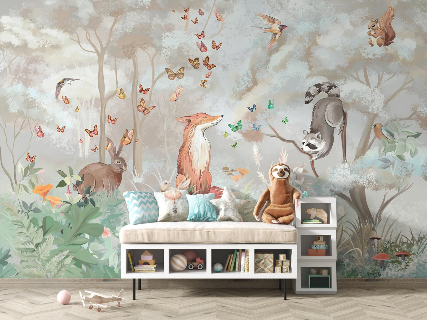 Red Fox and Forest Animals Wallpaper, Animals for Kidsroom, Children and Baby Wallpaper, Painting Wallpaper Nursery, Drawing Kids Wallpaper
