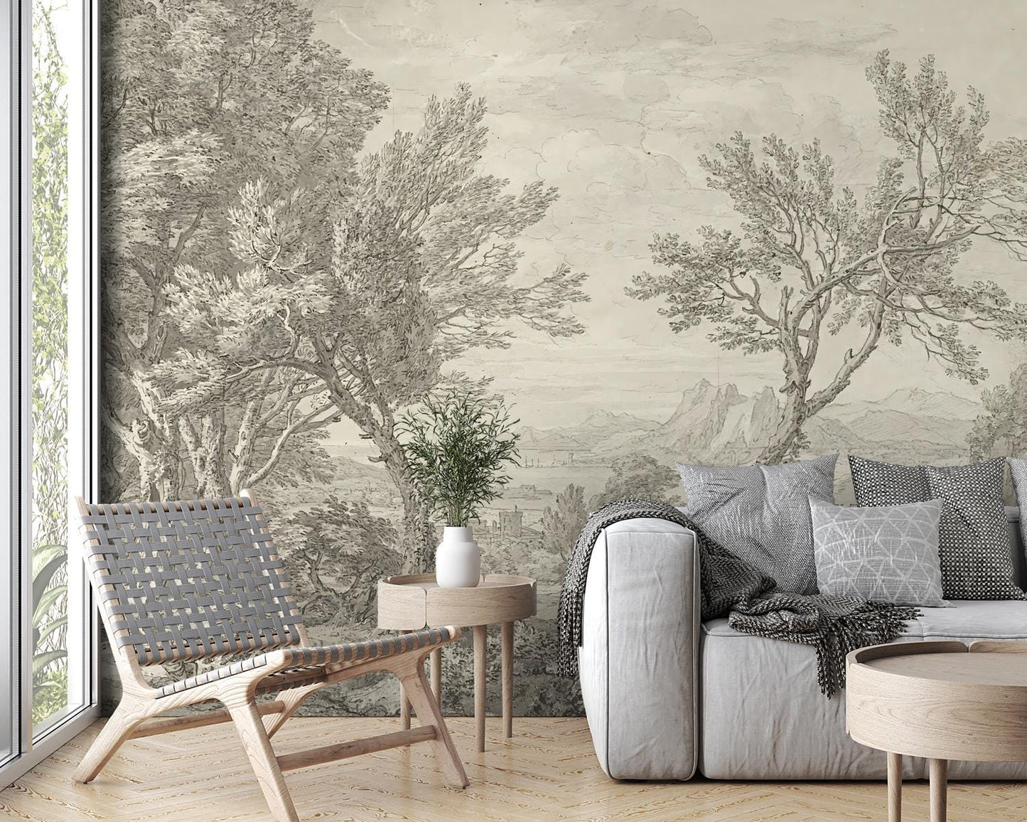 Black and White Forest and City Wallpaper, Mystic Wallpaper, Trees Mural, Peel and Stick Wallpaper, Design Wallpaper, Modern Mural