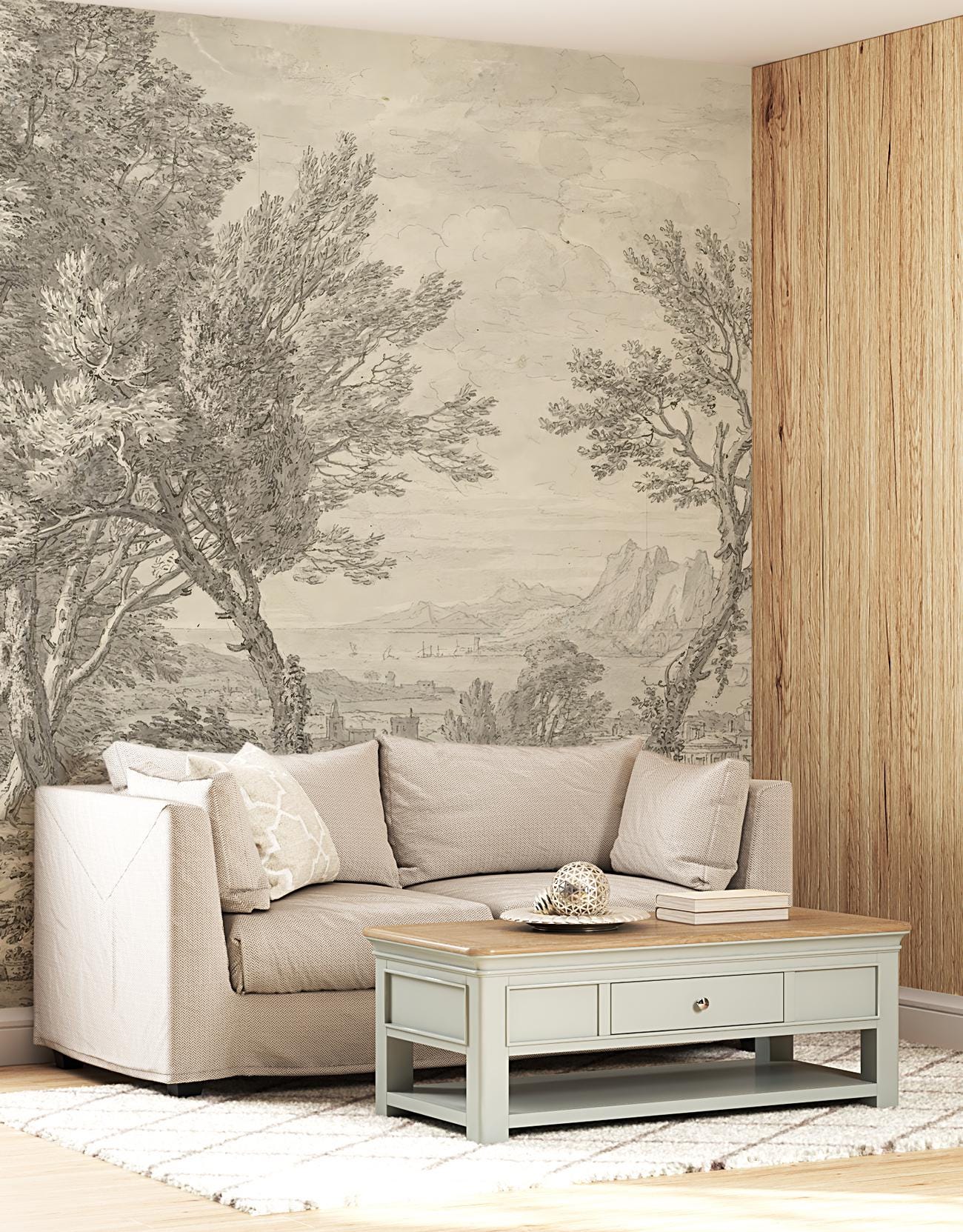 Black and White Forest and City Wallpaper, Mystic Wallpaper, Trees Mural, Peel and Stick Wallpaper, Design Wallpaper, Modern Mural