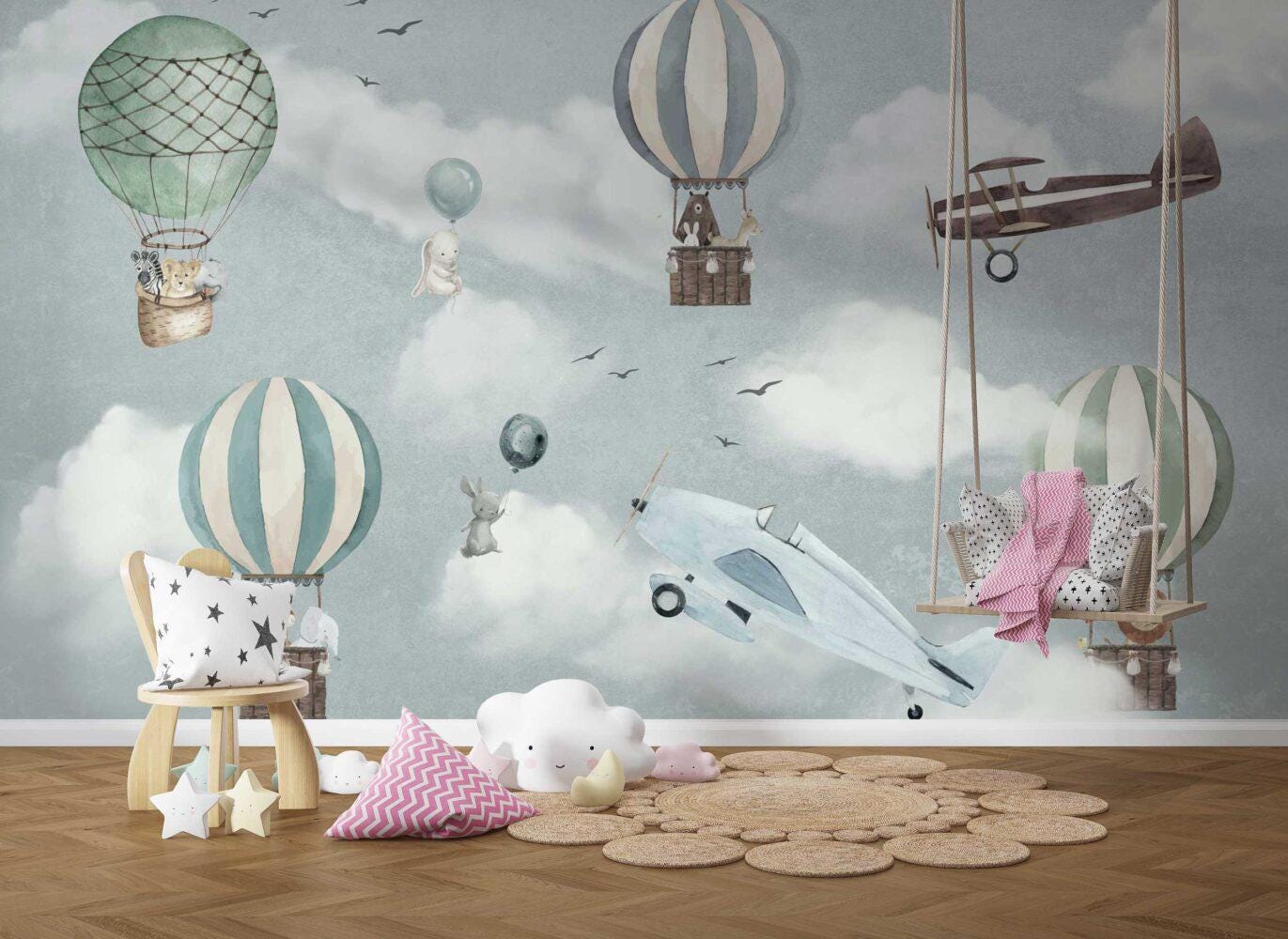 Animals Flying in Balloons Wallpaper, Sky Wallpaper For Kidsroom, Cute Animals Wallpaper Nursery, Blue Kids Wallpaper, Clouds Baby Wallpaper