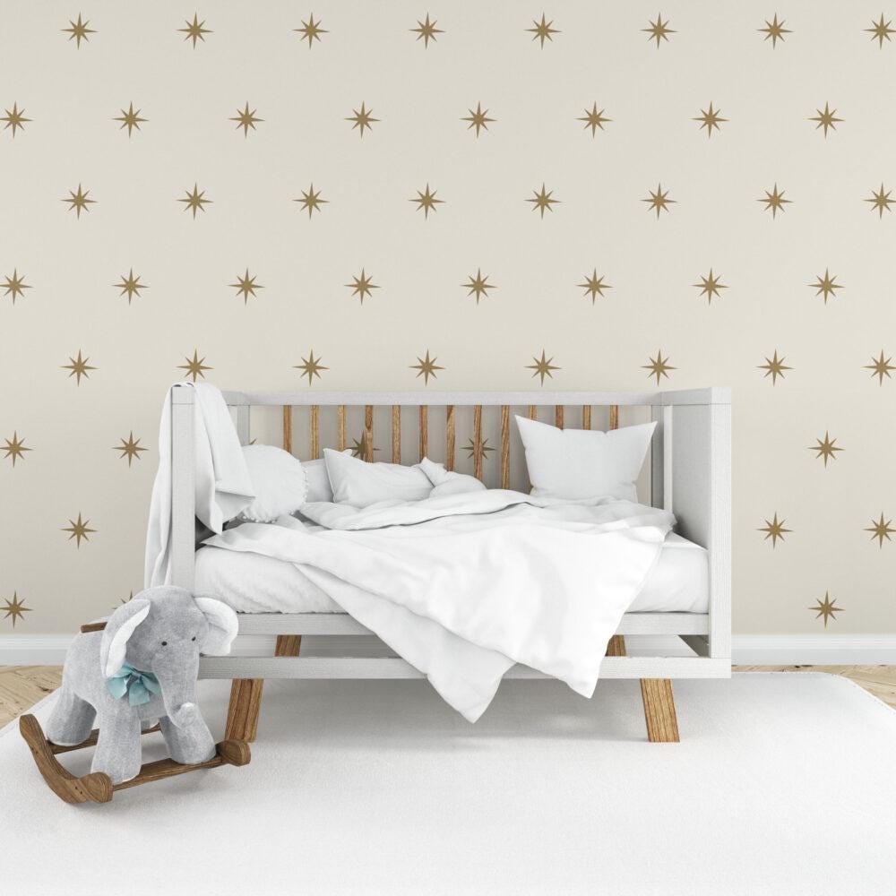 Star Pattern Wallpaper with Beige Background For Kidsroom, Wallpaper Nursery, Child Wallpaper, Sky Baby Wallpaper, Bright Kids Wallpaper