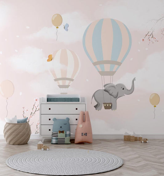 Elephant Flying with Balloons Pink Clouds Wallpaper, Sky Wallpaper For Kidsroom, Cute Animals Wallpaper Nursery, Pink Clouds Baby Wallpaper