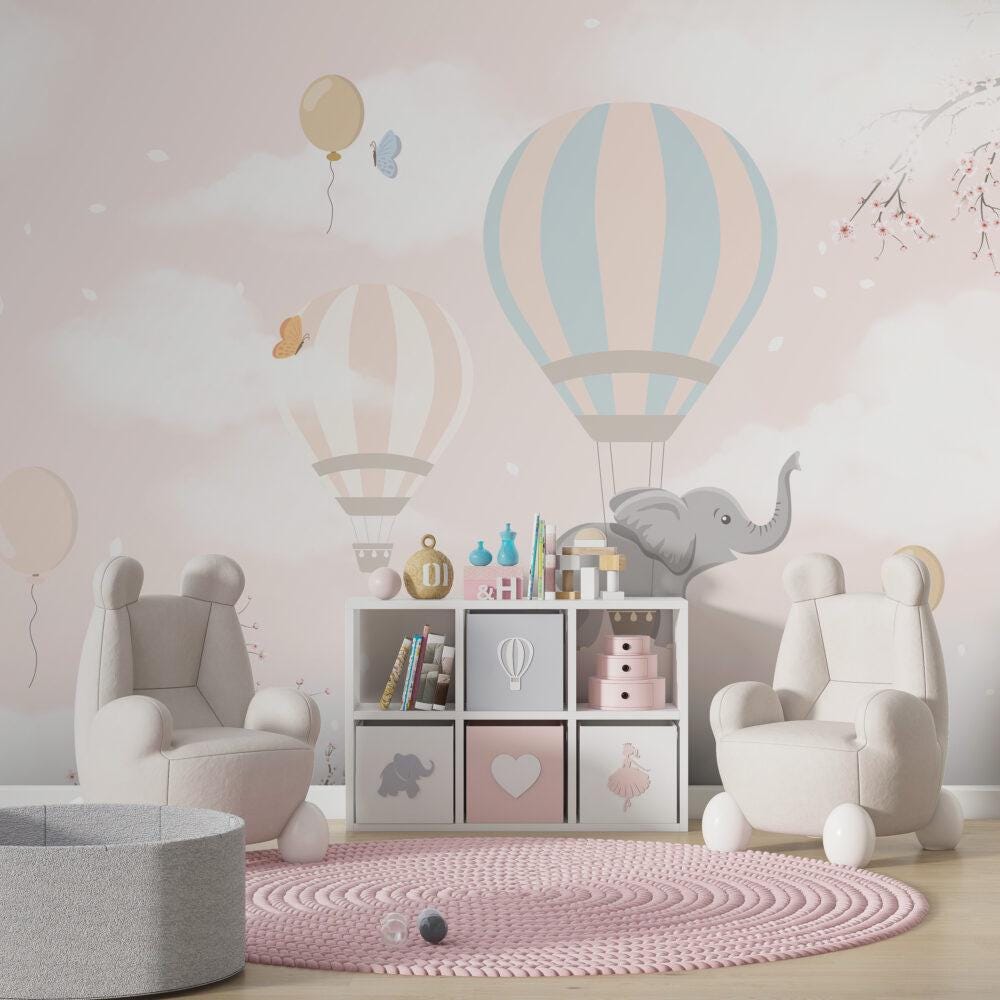 Elephant Flying with Balloons Pink Clouds Wallpaper, Sky Wallpaper For Kidsroom, Cute Animals Wallpaper Nursery, Pink Clouds Baby Wallpaper