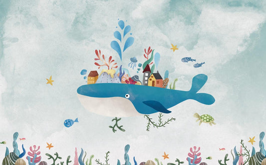 Houses on a Whale Wallpaper for Kidsroom, Underwater Kid Wallpaper, Sea Wallpaper Nursery, Blue Peel and Stick Childrens Wallpaper