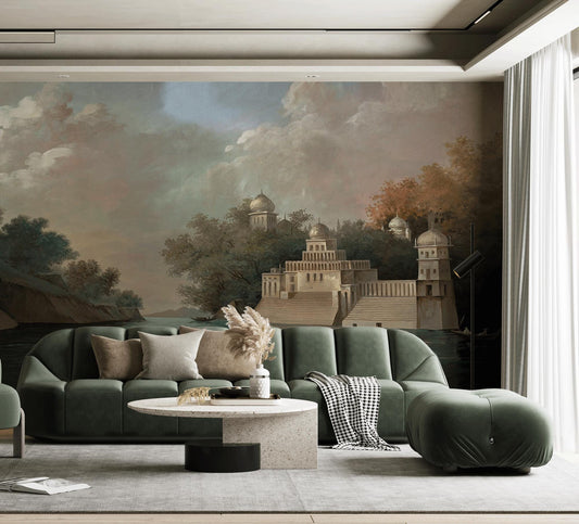 Historical Buildings by the Lake Wallpaper, Bohemian Wallpaper, Vintage Nature Wallpaper, Ancient Building Pattern Nostalgic Wallpaper