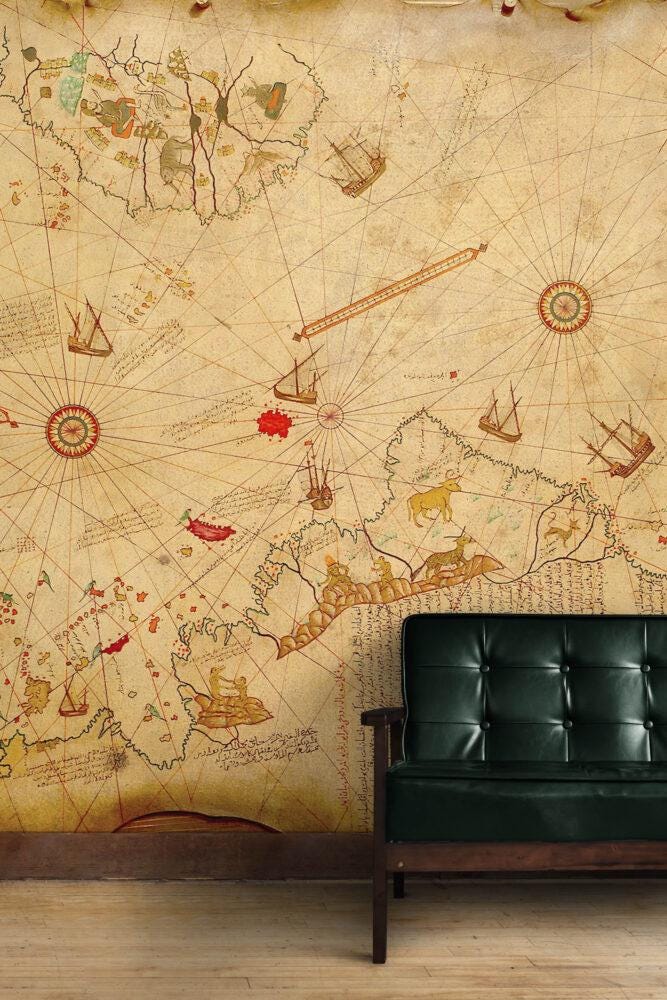Ottoman Wallpaper, Piri Reis Map Wallpaper, Ancient Bohemian Wallpaper, Peel and Stick Historical Wallpaper, Nostalgic Drawwing Wallpaper
