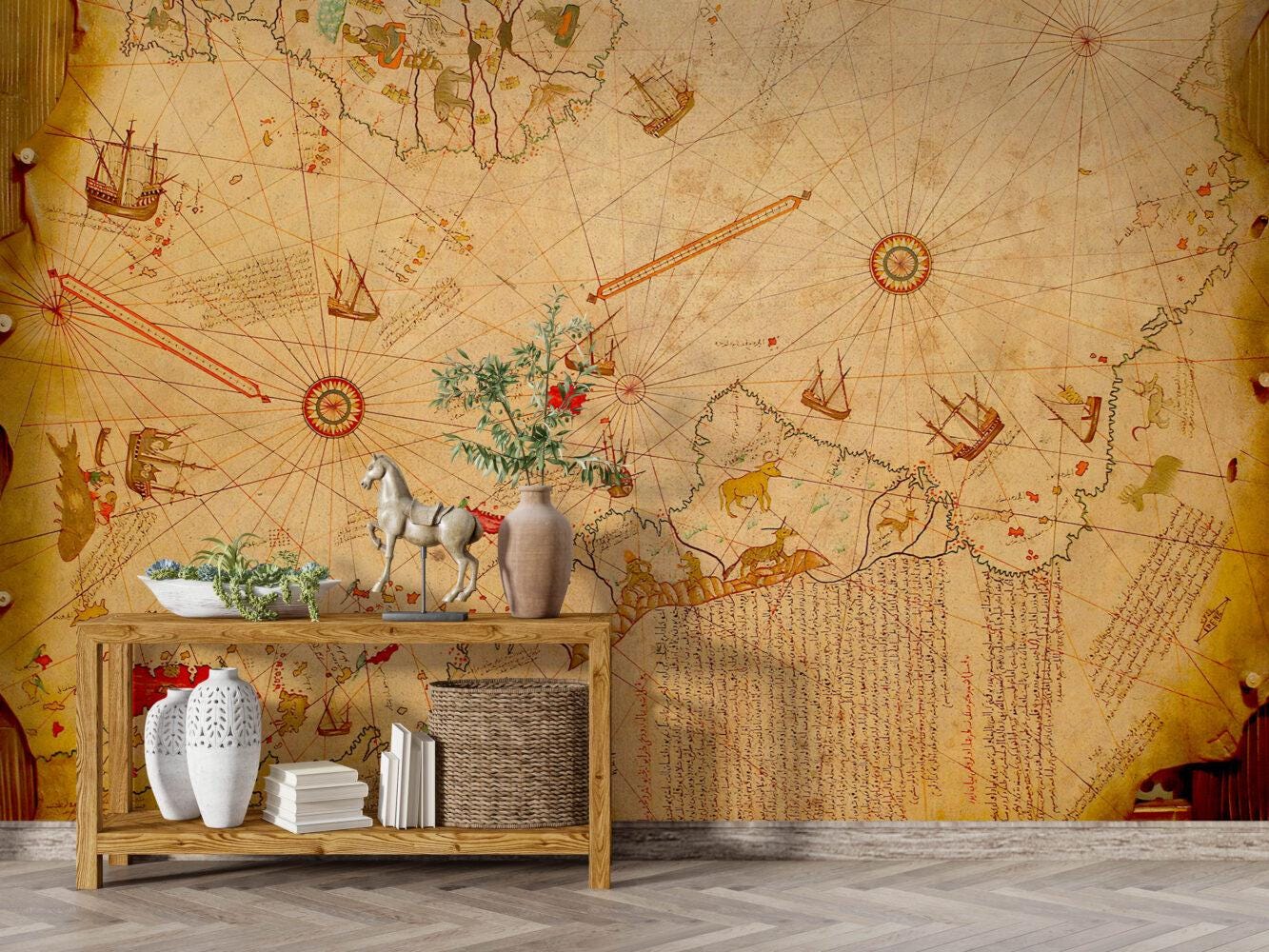 Ottoman Wallpaper, Piri Reis Map Wallpaper, Ancient Bohemian Wallpaper, Peel and Stick Historical Wallpaper, Nostalgic Drawwing Wallpaper