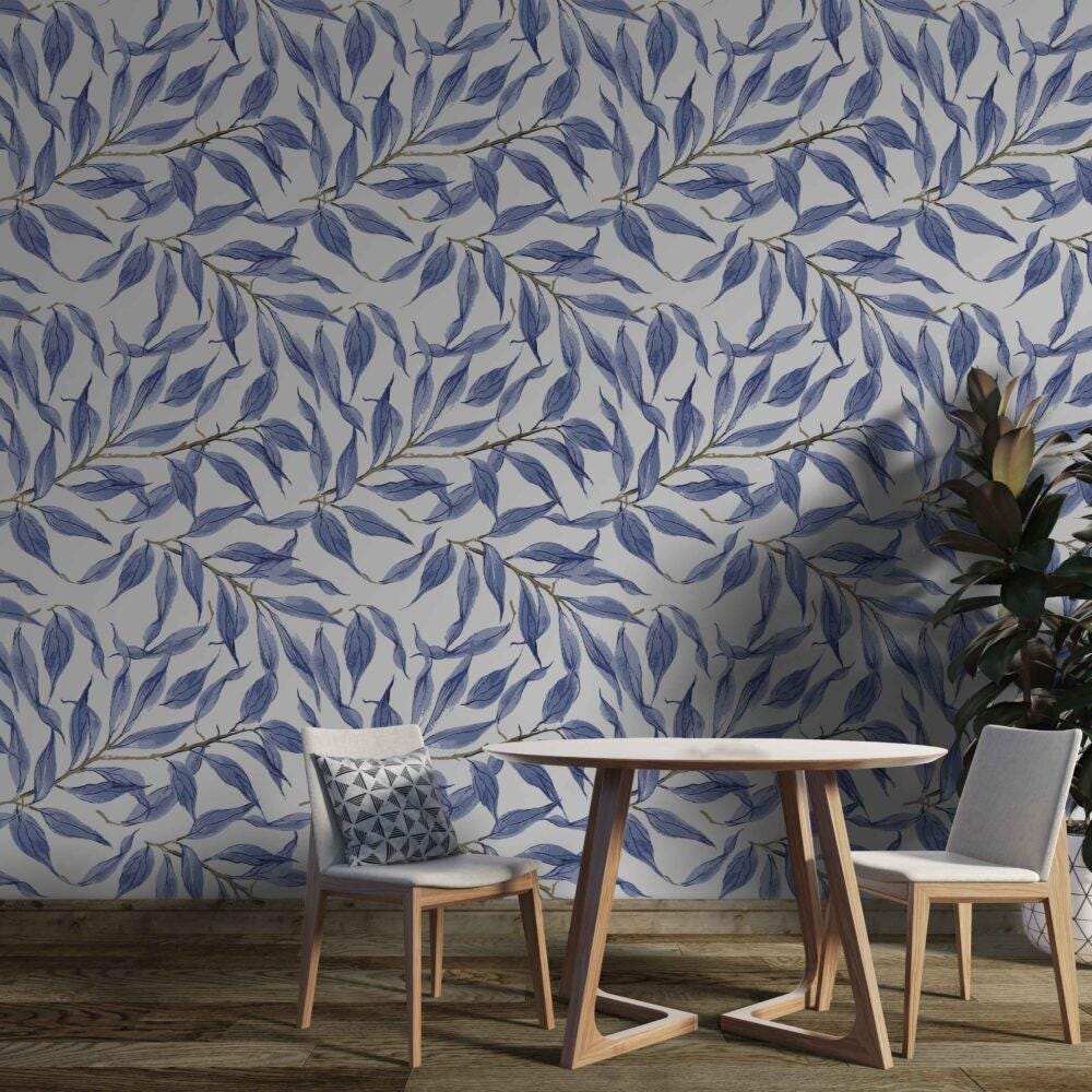 Blue Leaves Watercolor Wallpaper, Bohemian Wallpaper, Leaf Mural, Botany Peel and Stick Wallpaper, Stylish Room Design, Blue Ivy Wallpaper