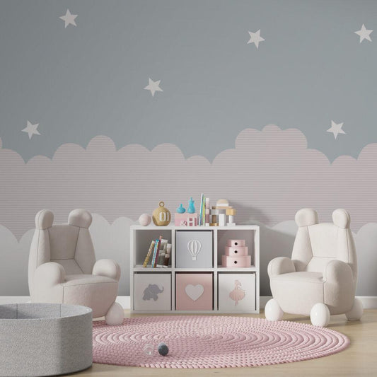 Cloud And Star Patterned Kids Wallpaper, Wallpaper Nursery, Child Wallpaper, Sky Baby Wallpaper, Cloudy Wallpaper, Wallpaper for School