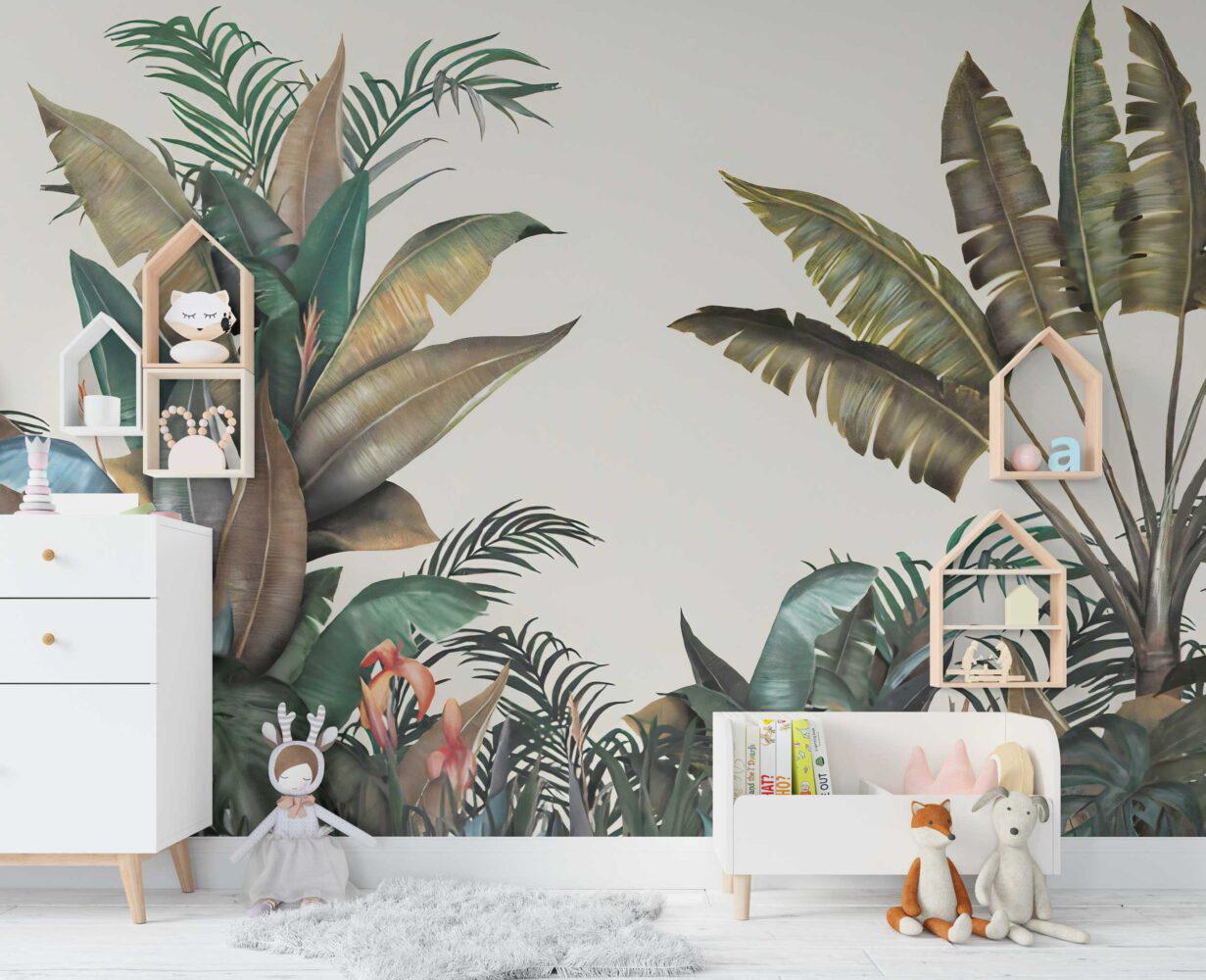 Large Leaf Tropical Patterned Kids 3D Wallpaper, Children and Baby Wallpaper, Tropical Forest Wallpaper Nursery, Wild Jungle Wallpaper
