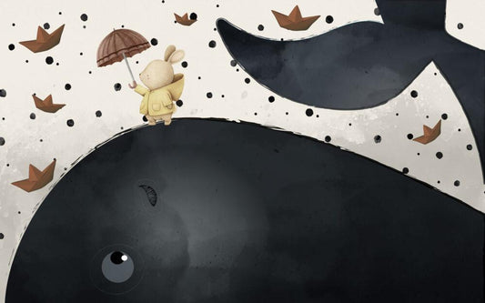 3D Kid's Wallpaper with Big Whale and Rabbit, Underwater Wallpaper For Kidsroom, Sea Wallpaper Nursery, Childrens Tale Wallpaper
