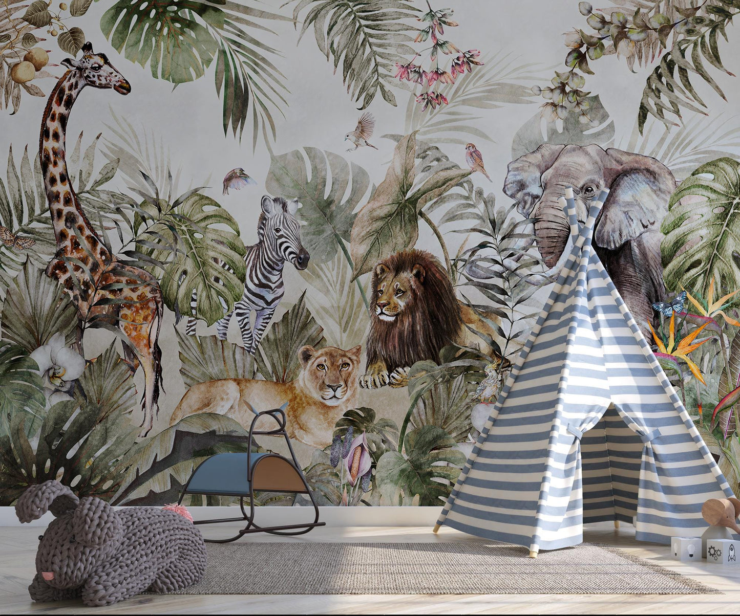 Animal friends in the tropical forest Wallpaper For Kidsroom, Childrens Wallpaper, Wall Mural Nursery, Wide Wallpaper, Jungle Wallpaper