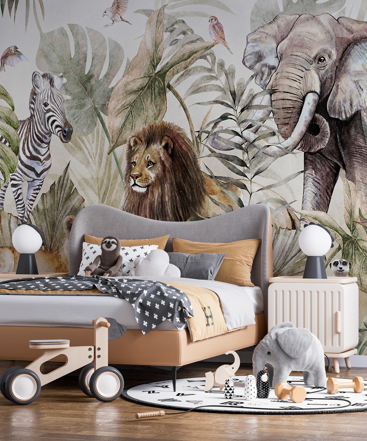 Animal friends in the tropical forest Wallpaper For Kidsroom, Childrens Wallpaper, Wall Mural Nursery, Wide Wallpaper, Jungle Wallpaper
