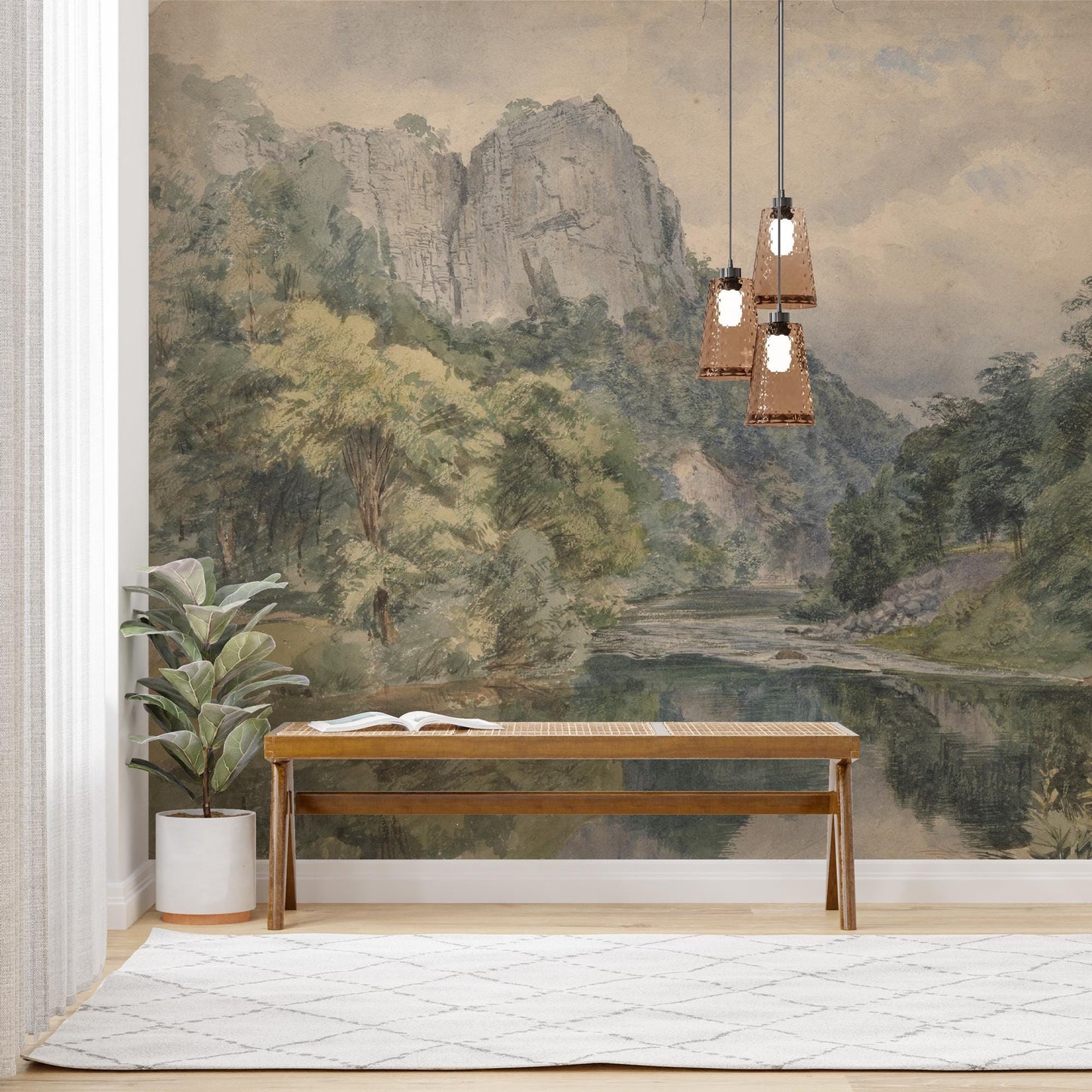 River and Forest Landscape Wallpaper, Mountain Tual Wallpaper, Nature Mural, Painting Wallpaper, Peel and Stick Wallpaper, Green Wallpaper