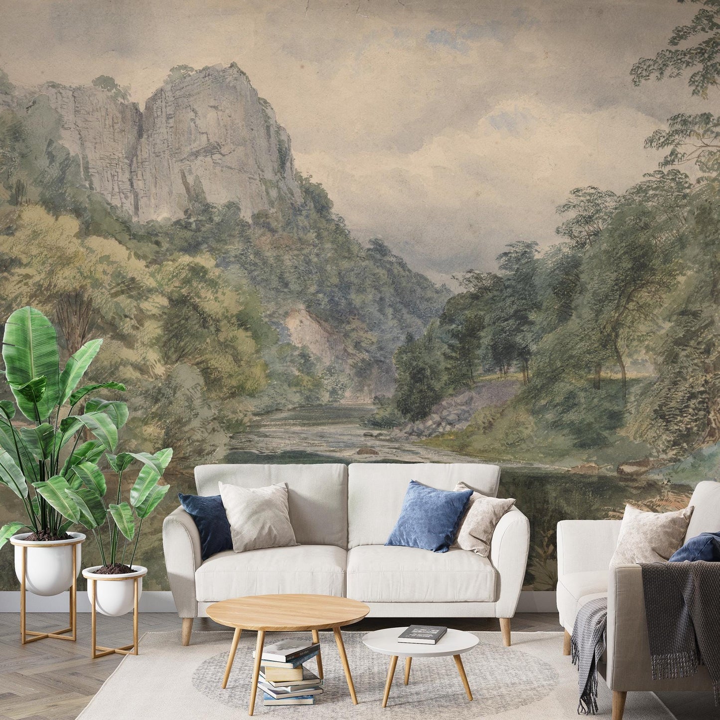 River and Forest Landscape Wallpaper, Mountain Tual Wallpaper, Nature Mural, Painting Wallpaper, Peel and Stick Wallpaper, Green Wallpaper